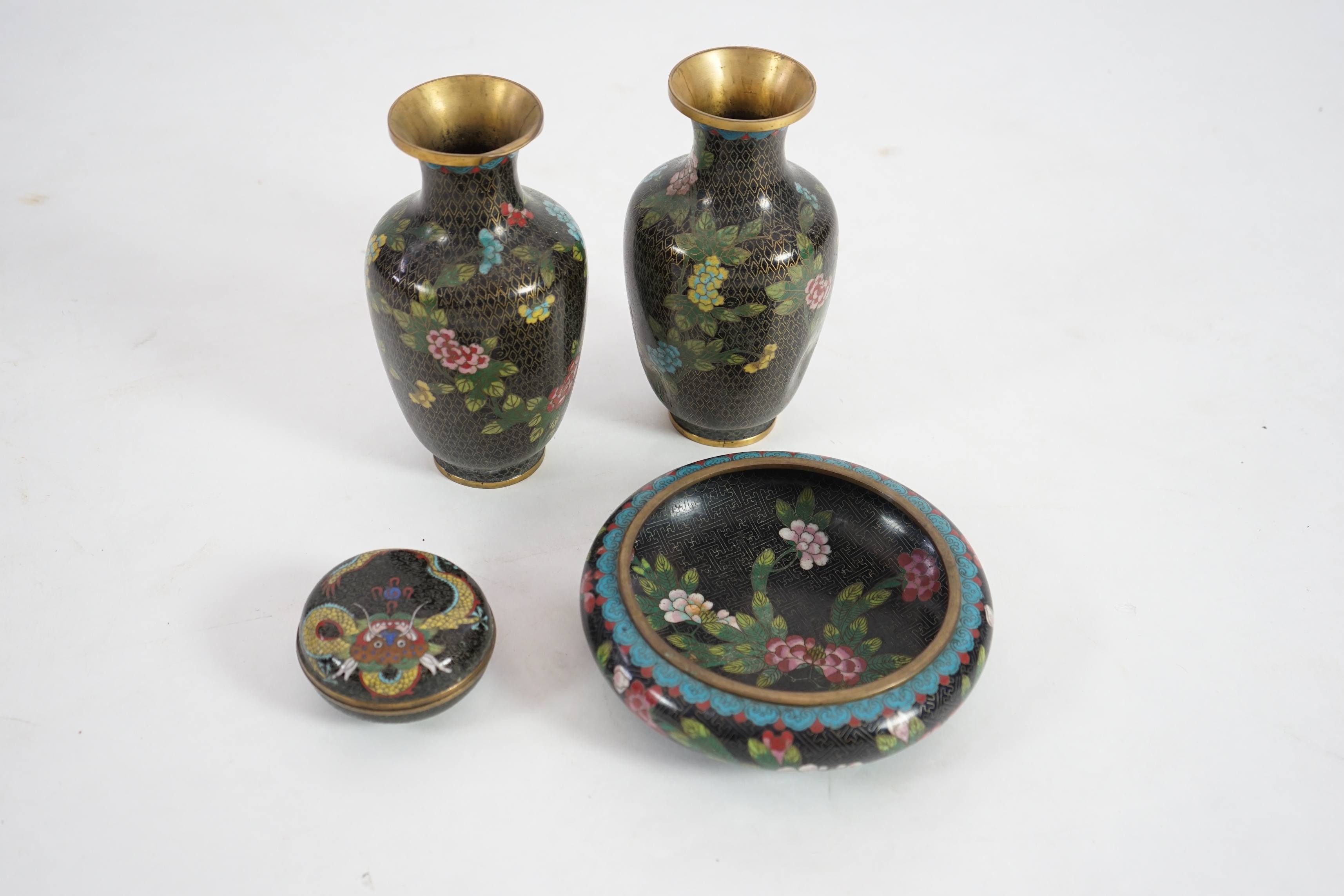 A group of modern Chinese black ground cloisonné wares